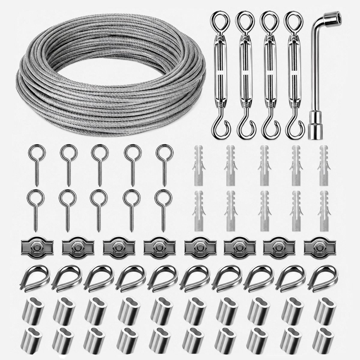 OUYLAF Staalkabelset - 35m 3mm - staalkabel set - staalkabel met lussen - staalkabelset compleet - Voor Tenttouw, Waslijnen & Buitenverlichting