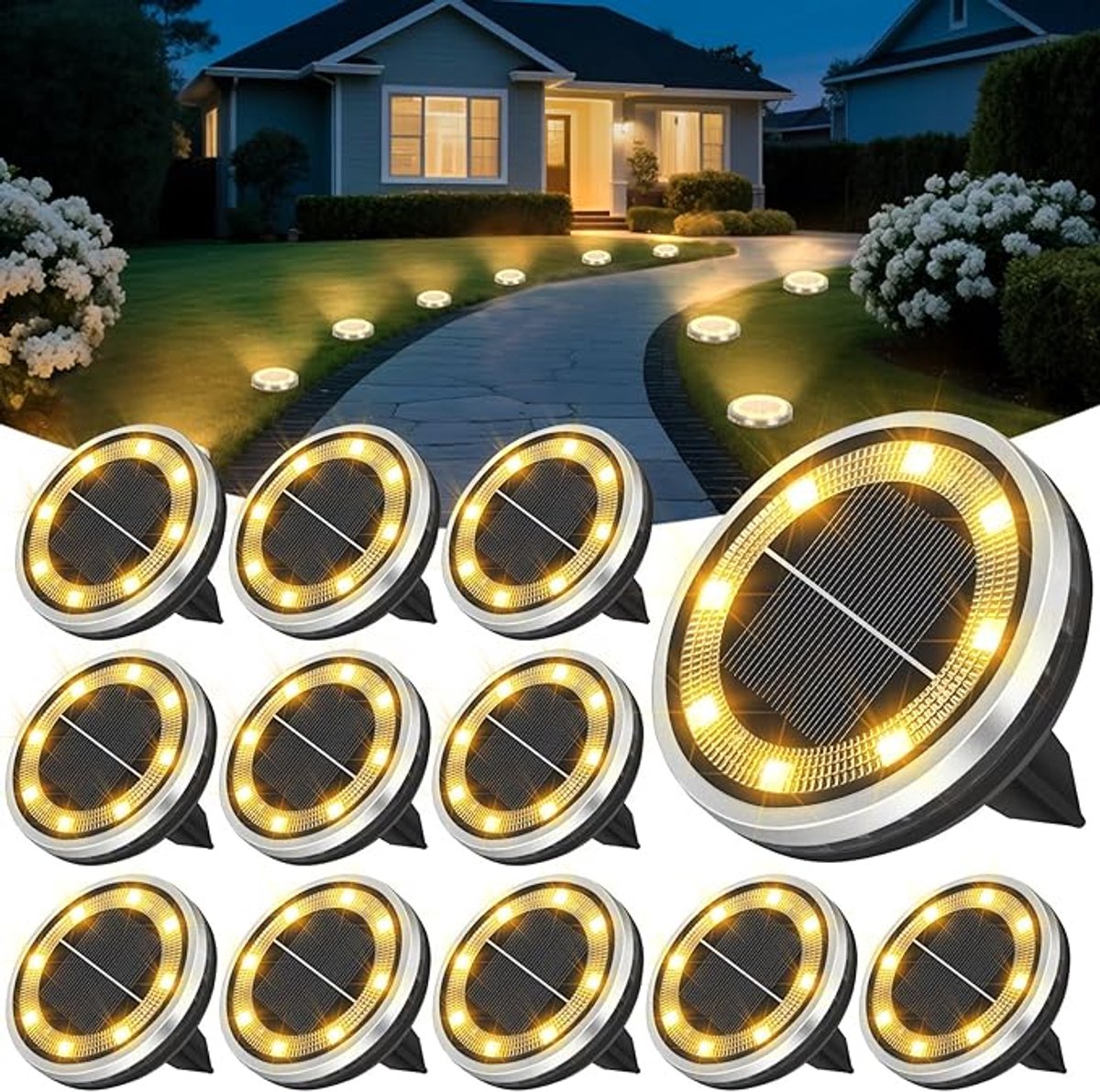 Solar Vloerlampen Set Van 2 - Zonne-energie Buitenverlichting - Waterdichte Schijfvormige Tuinlampen Met Warm Wit LED Licht - Landschapsverlichting Voor Pad, Gazon, Binnenplaats En Terras