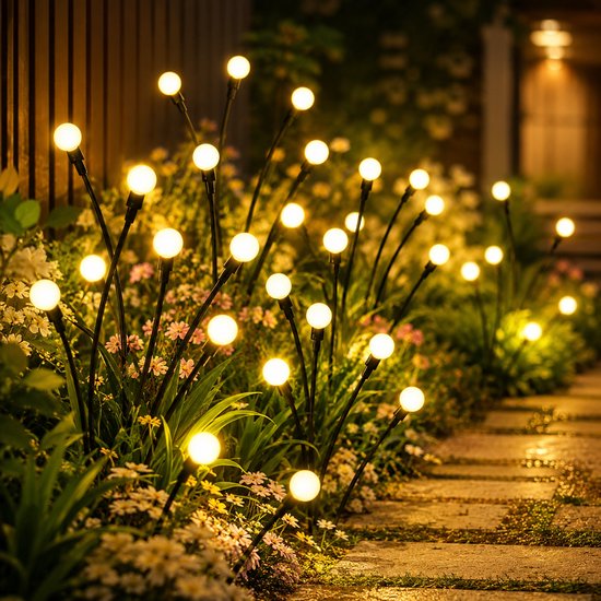 Zonne-energie tuinverlichting die met de wind meebeweegt. Zonne-energie, waterdicht, sfeerverlichting in je tuin.