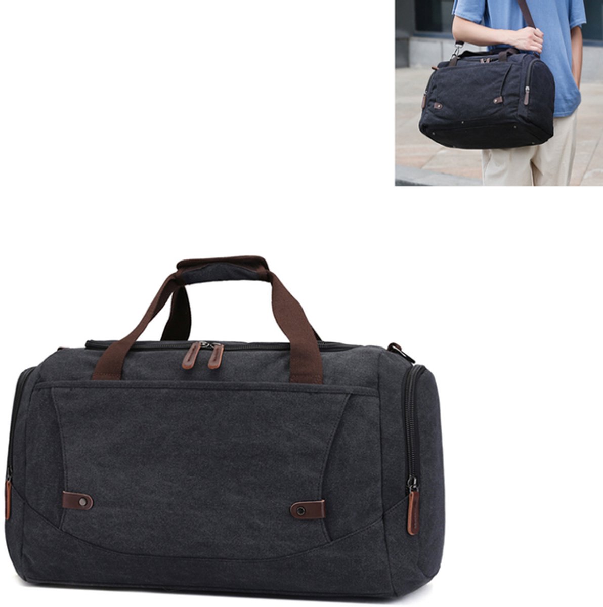 KZQ Stijlvolle canvas reisduffel voor dames en heren - Multifunctionele weekendtas voor overnachting en reizen - Zwartgrijs