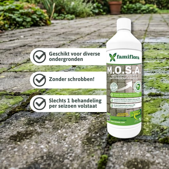 Famiflora M.O.S.A. ontmosser en groene aanslagreiniger 2 liter (2 x 1 liter) - Reinigt alle oppervlakten - Makkelijk te gebruiken - Kleurloos van Famiflora — afbeelding 2
