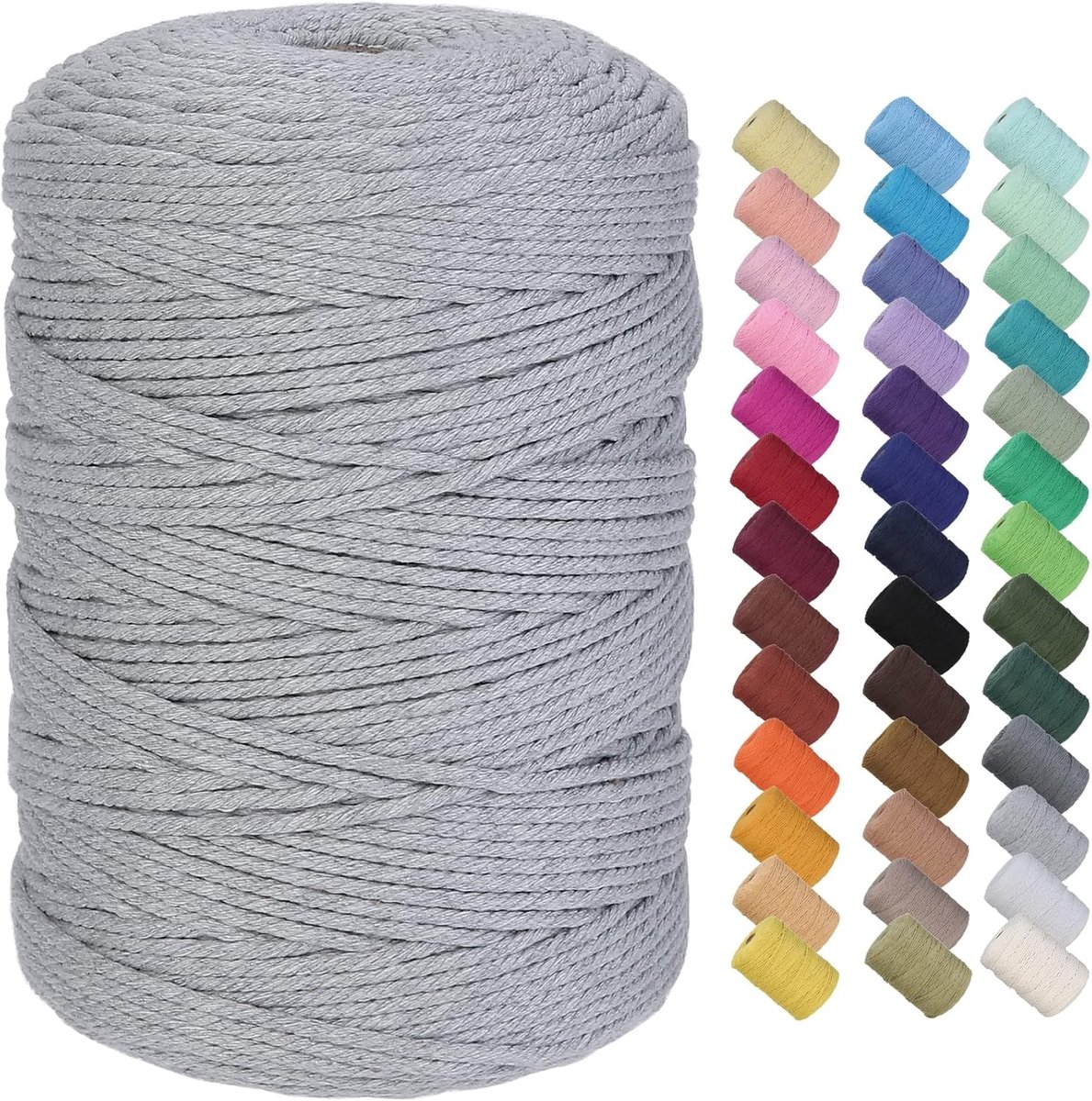 Premium Katoenen Macramé Touw 3mm x 300m, Zacht en Sterk, Ideaal voor Macramé Projecten en Creatieve Ambachten, Chemisch Vrij (Lichtgrijs)