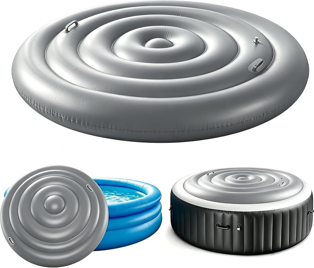 Opblaasbare zwembadafdekking met handgrepen, winddicht en regenbestendig, ideaal voor whirlpool en zwembad (grijs, 165 cm, rond)