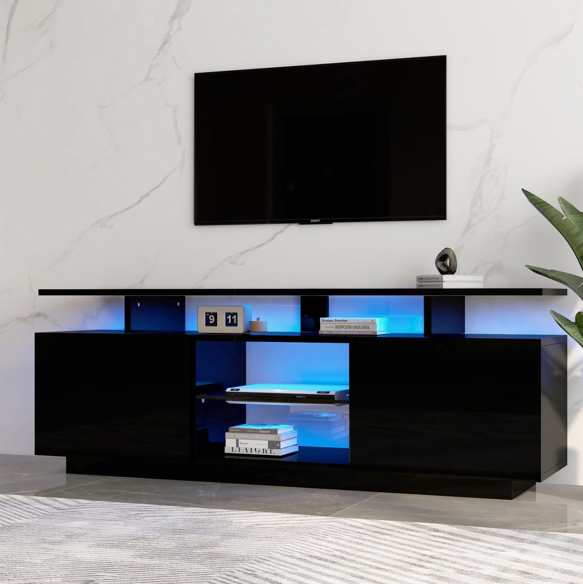 COVREO TV meubel 140 x 35 x 55 cm - zwart, LED-verlichting, 2 deuren en 5 open vakken