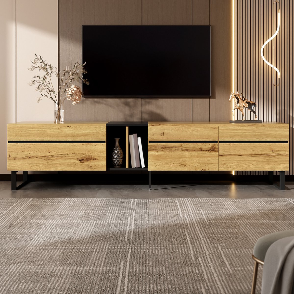 COVREO TV meubel 180 x 38 x 45 cm - met klepvak, open vak en dubbele deuren, houtkleur
