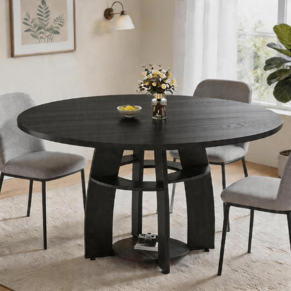 Triumpunpre - Ronde Eettafel 120 cm - MDF en spaanplaat met opbergplank - ruimtebesparende keukentafel voor 4-6 personen - Zwart