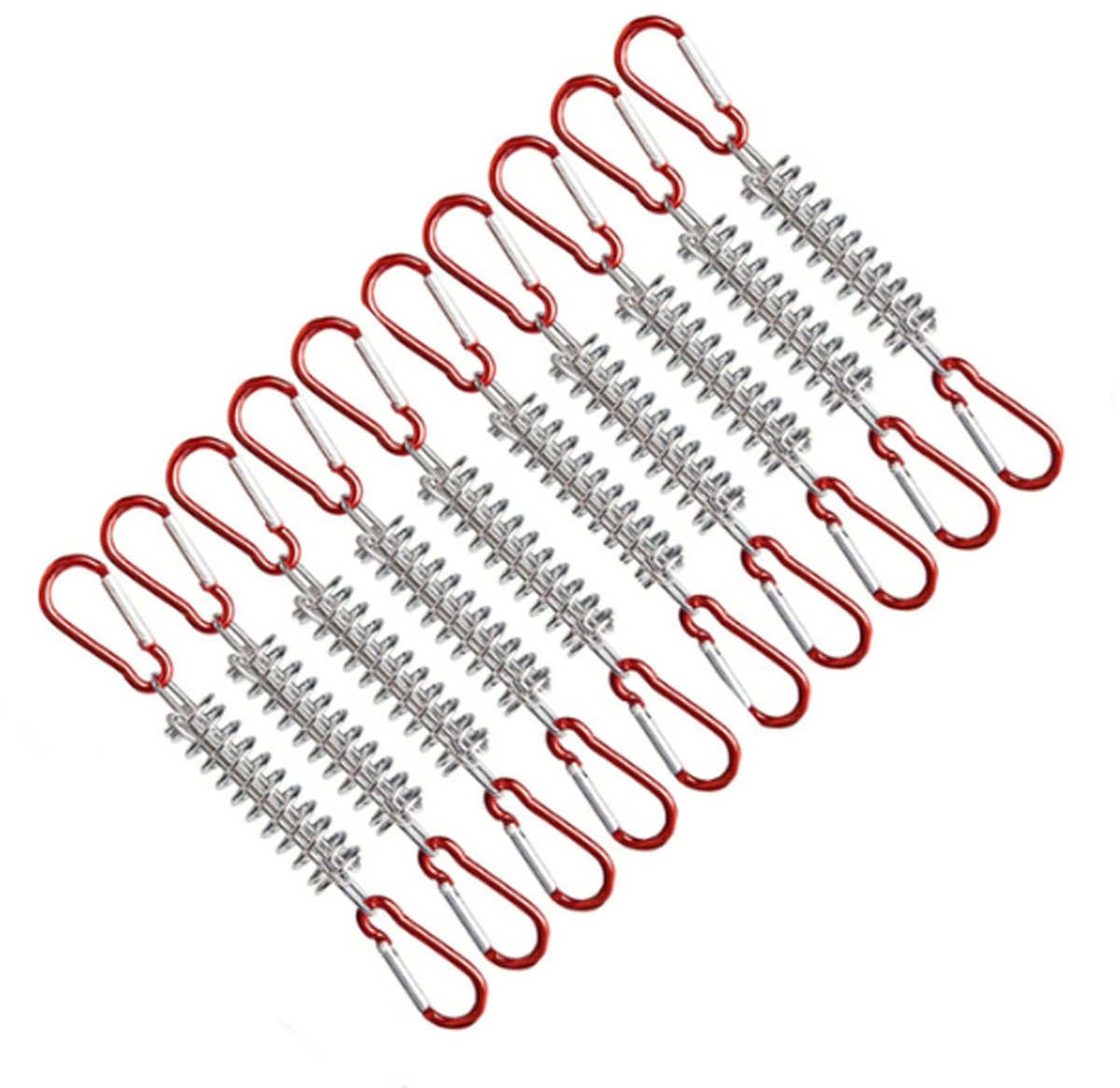Set van 10 spanveren voor luifels met 20 karabiners, geschikt voor het vastzetten van luifels van kampeertenten.