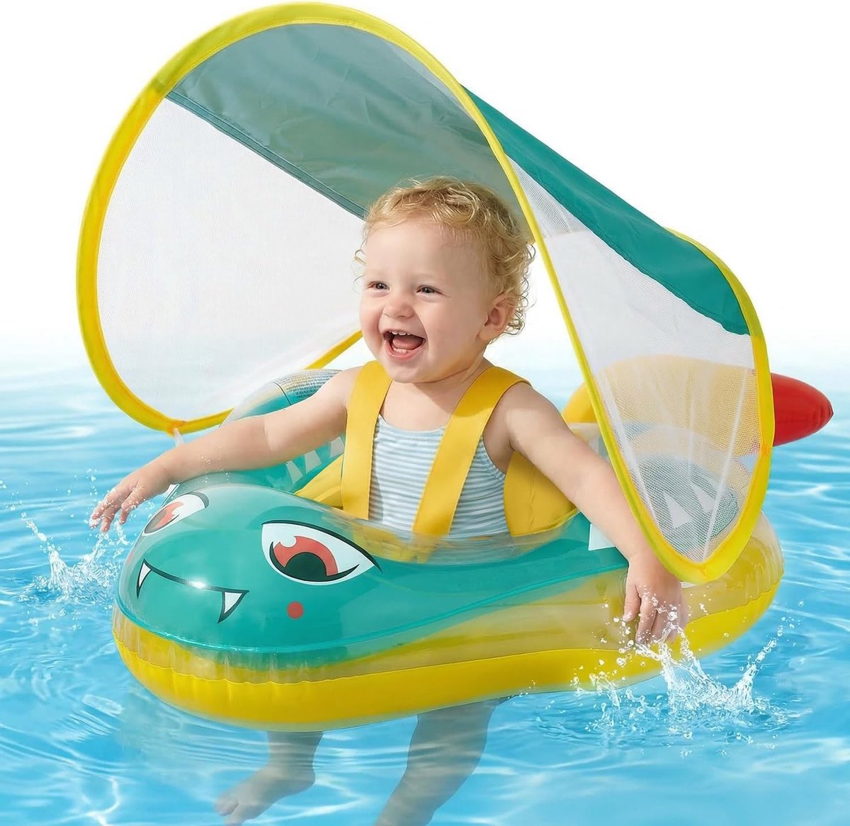 Baby-drijver met zonnekap, baby-zwemband anti-kantel, baby-drijver met parasol en balansbal – opblaasbare baby-drijver 10-24 maande.Ln, 8-16 kg, opblaasbare baby-zwemband.