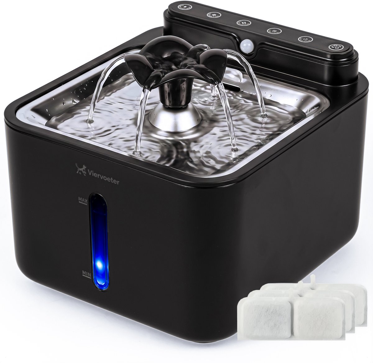 Bol.com Viervoeter® Draadloze Drinkfontein RVS - Sensor Waterfontein voor Kat en Hond - Inclusief 3 filters - 3,2L - 30d batteri... aanbieding