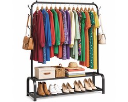Avalo Industrieel Kledingrek - Garderoberek / Kledingrek met Schoenenrek en Haken - Zwart Metaal 110x33x150 cm - Dressboy
