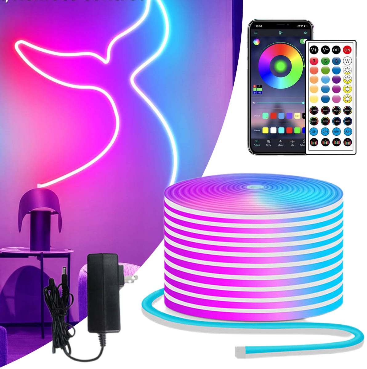 10M RGB LED neon touwverlichting LED neon stripverlichting met afstandsbediening/app-bediening IP65 24V waterdichte flexibele neon LED stripverlichting, led-verlichting voor slaapkamer en buitendecoratie.
