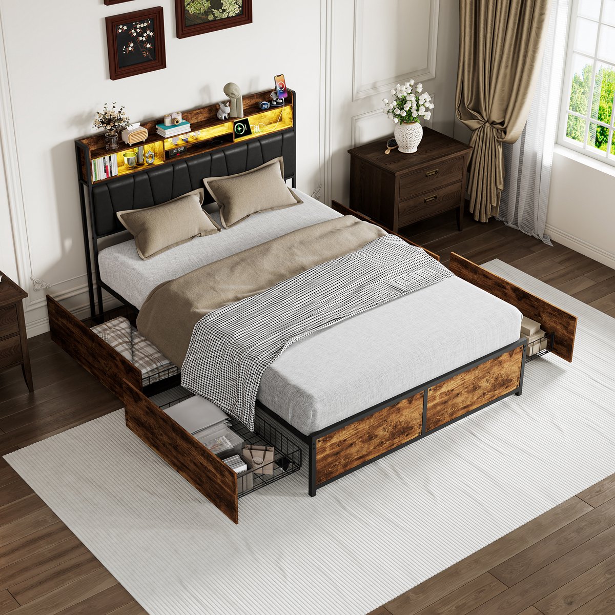 Tweepersoonsbed 140x200 cm met Opberg Hoofdbord, RGB-Verlichting en Lades