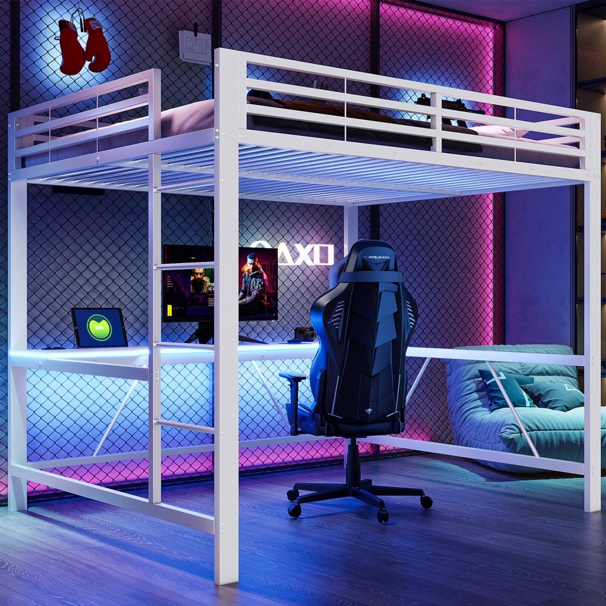 KOMHTOM - Metalen gaming-hoogslaper - 160 x 200 cm - LED-verlichting en USB-oplaadstation - Bureau - Wit