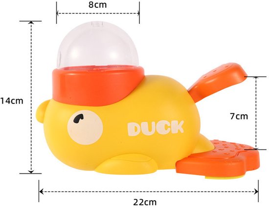 Gele eend dispenser, met oranje accenten en "DUCK" logo, afmetingen 22x11x14cm.