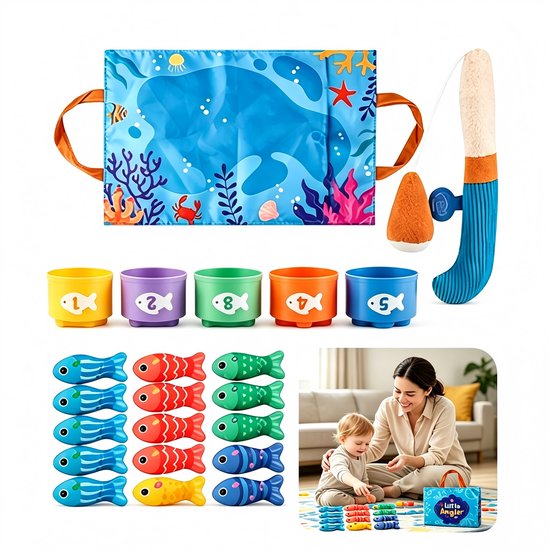 Spel van Little Angler met vismat, hengel, 5 bekers met nummers en 15 kleurrijke vissen, inclusief afbeelding van spelende moeder en kind.