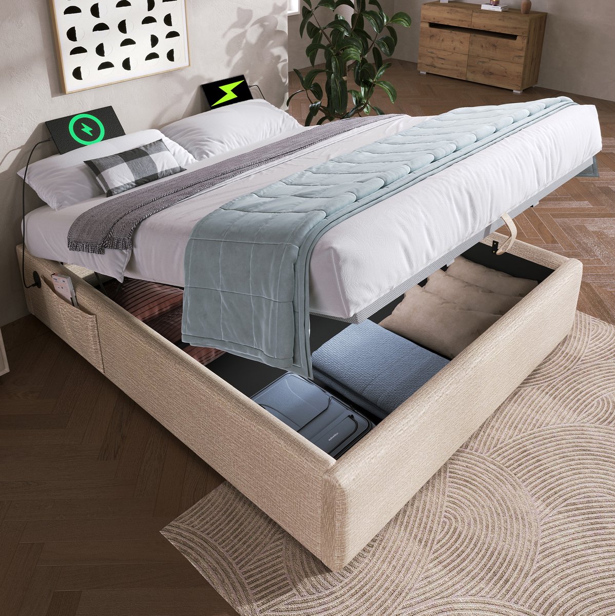 OKWISH Gestoffeerd Bed 160x200 cm - Tweepersoons Bedframe Met USB-C En Opbergruimte - Hydraulisch - Zonder Hoofdbord - Zonder Matras - Naturel