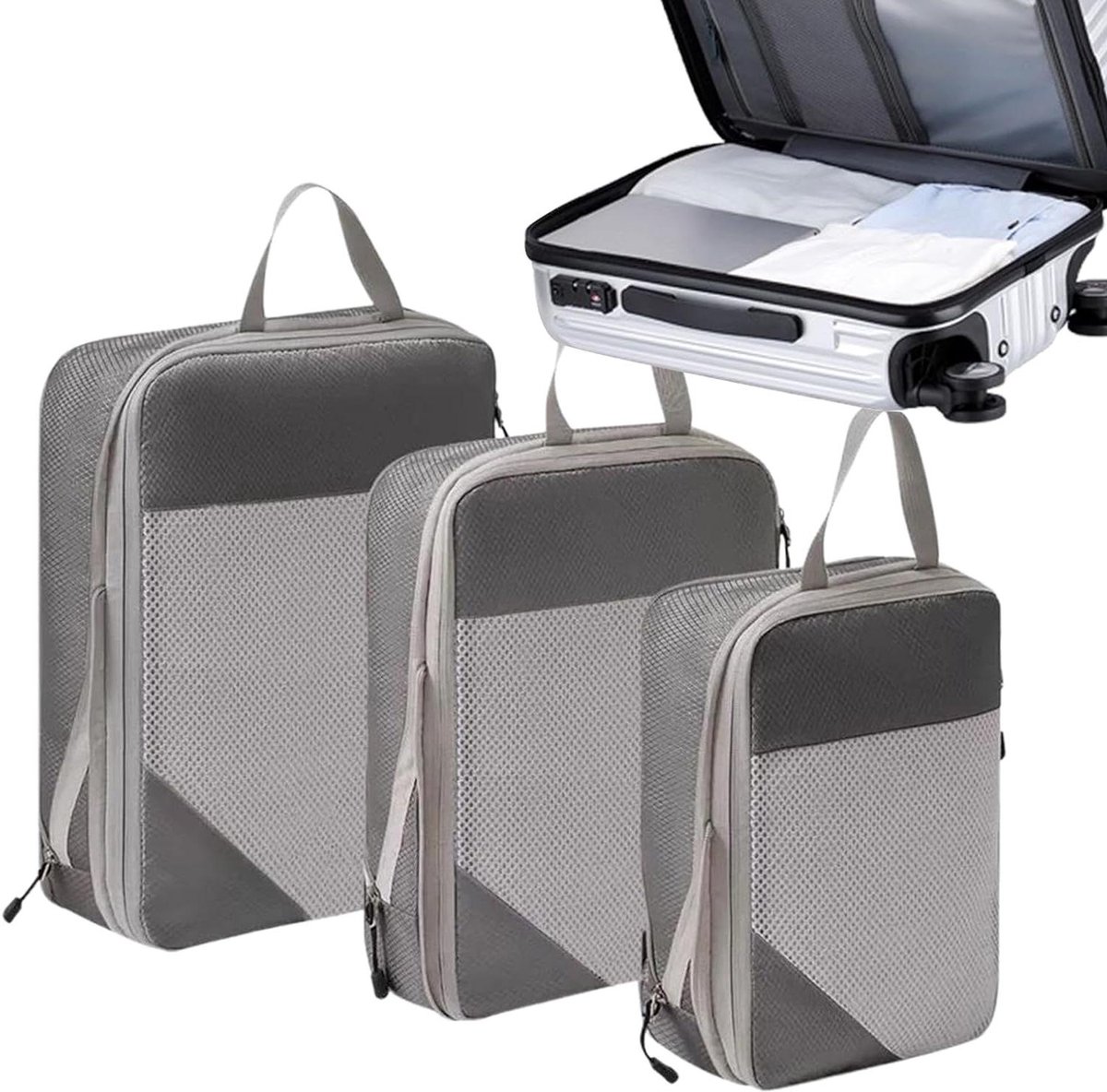 Compressie Packing Cubes - Reisorganizer Vakantie - Bagage Opbergen - Ruimtebesparend Lichtgewicht - 3 stuks - Grijs