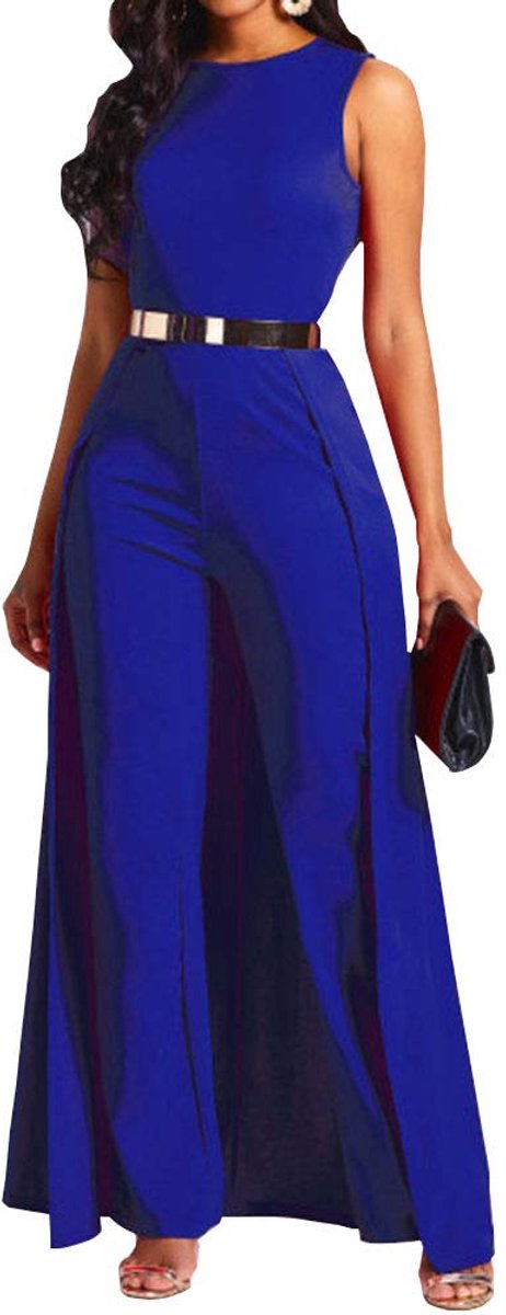 SnelShoppen - Effen Dames Jumpsuit met Lapjespatroon en Versieringen, Hoge Taille Romper, Blauw, M, Ideaal voor Feestjes en Casual Uitjes