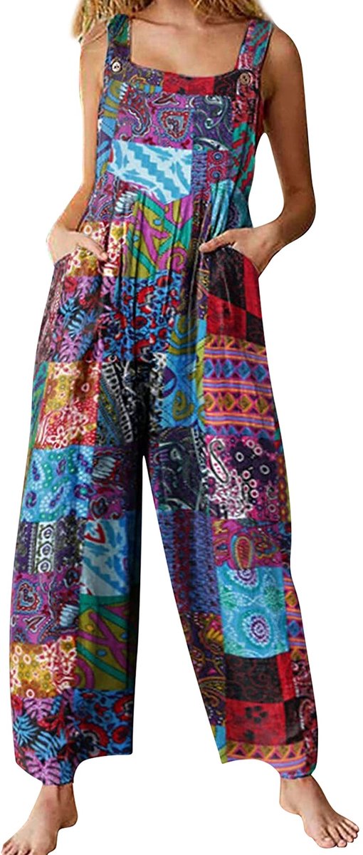 SnelShoppen - Dames Tuinbroek Vintage Bloemenprint - Casual Baggy Mouwloze Overall Jumpsuit Playsuit Romper A-blauw - Maat S voor Tuin, Feest en Vrije