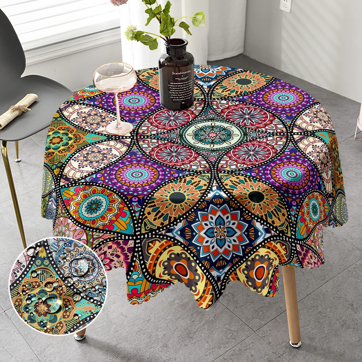 SnelShoppen - Tafelkleed Rond 150 cm, Boho-Stijl Mandala, Weerbestendig Polyester, Perfect voor Buiten, Tuintafel, Eettafel, Salontafel en Feesten