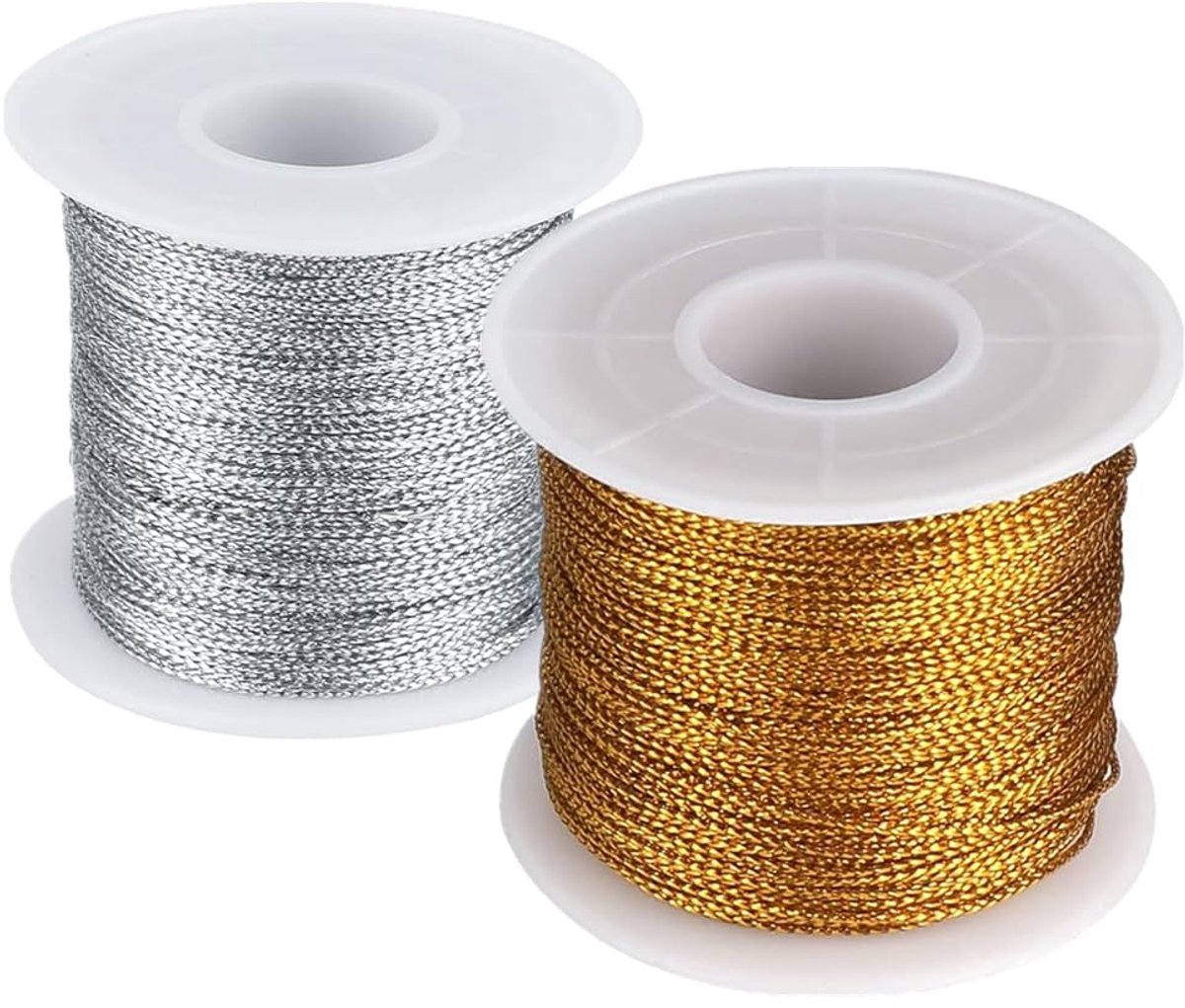 Dailygoods - Draad 2 Rollen Goud en Zilver Metallic Touw - 0.4mm x 50m voor Kerstdecoratie en Cadeauverpakking