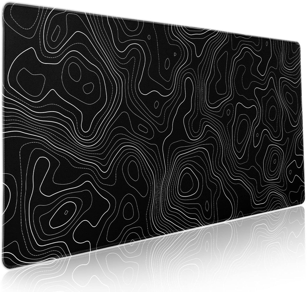 SnelShoppen - Lange Gaming-Muismat XXL 90x40 cm - Topografische Omtrek - Antislip Rubberen Basis - Genaaide Randen - Zwart - Perfect voor Werken en Sp