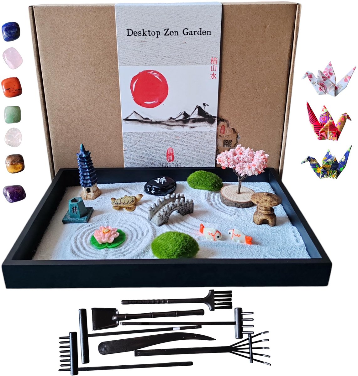 Dailygoods- Zen-tuin met 20+ accessoires - Houten lade - 7-delige gereedschapsset - Kersenbloesemboom - Serene waterpartijen - Mindfulness en meditatie