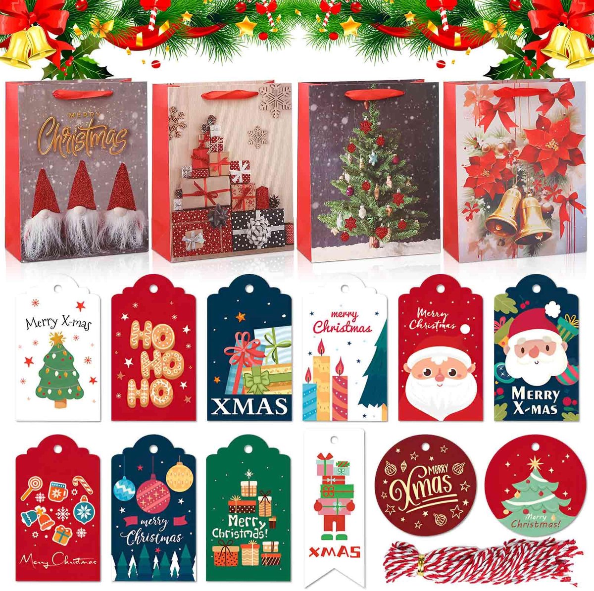 Dailygoods - Grote Kerstcadeauzakjes - 12 Stuks met Handvat en Labels voor Geschenkverpakking