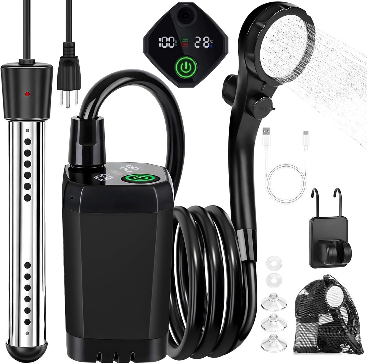 Draagbare campingdouche met verwarming - Draagbare kampeerdouche - Camping Douche - Buitendouche -Oplaadbare douche 6000 mAh - Met led display - Inclusief draagtas - Voor honden auto en camper - Zwart