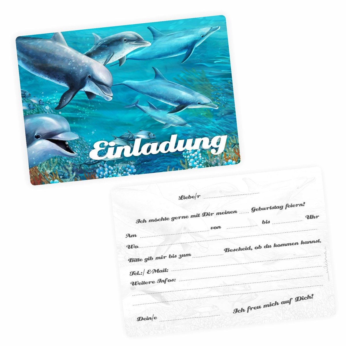 Dailygoods - Uitnodigingskaarten dolfijnen met glitters - Set van 5 voor kinderfeestje