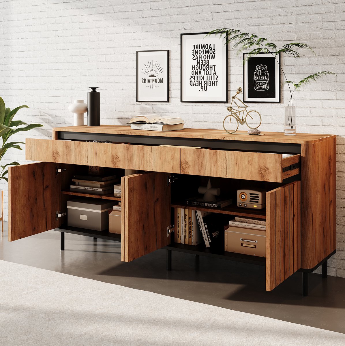REDOM - Dressoir - 3 lades en 3 deuren - Met legplank - MDF met metaal - Modern - Woonkamer, eetkamer en hal - Natuurlijke houtkleur - 160 x 40 x 73 cm