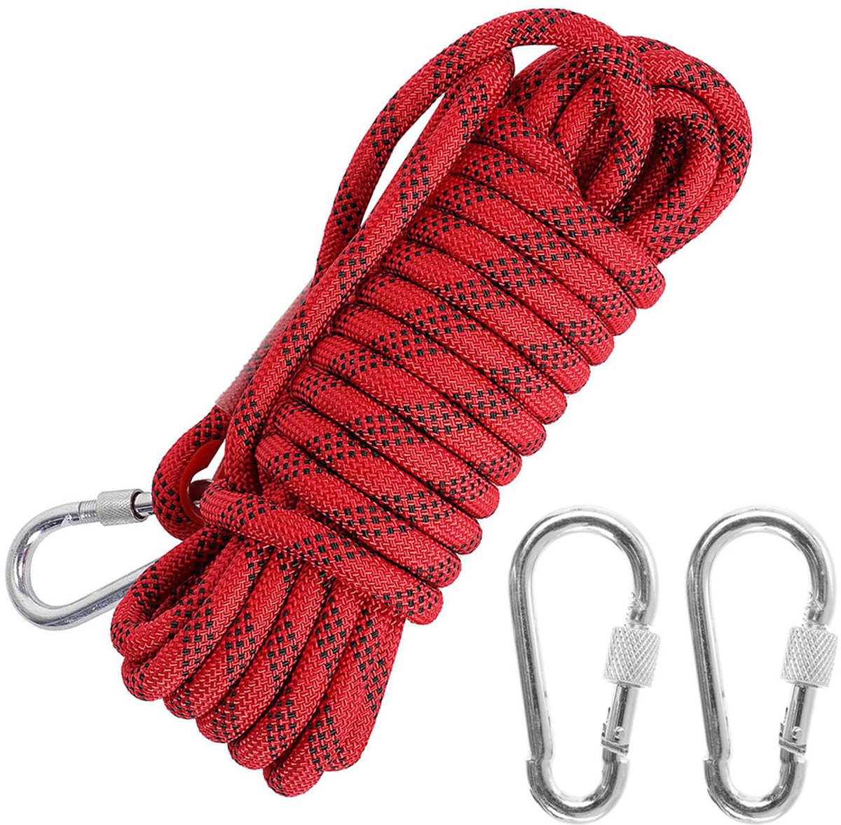 Veiligheidstouw – 12mm – 25m – met Karabijnhaak – Klimtouw – Reddingstouw – Geschikt voor kamperen, brandbestrijding, bergredding en werk op grote hoogte – Polyester touw – Slijtvast – Rood