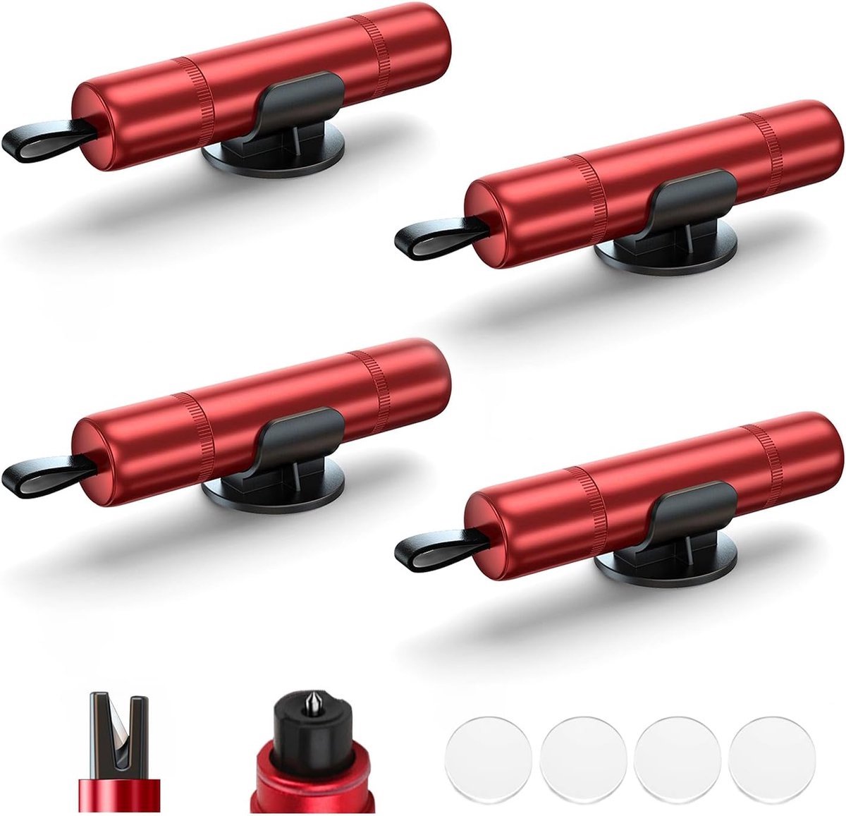 4 Stuks Noodhamer - 2-In-1 Auto Veiligheidshamer - Auto Hamer - Gordelsnijder - Ruitenbreker - Inclusief Testglas & Zelfklevende Houder - Nooduitgang Gereedschap - Draagbare Auto-Reddingstool - Voor Gebruik Onder Water Bij Auto-Ongelukken - Rood