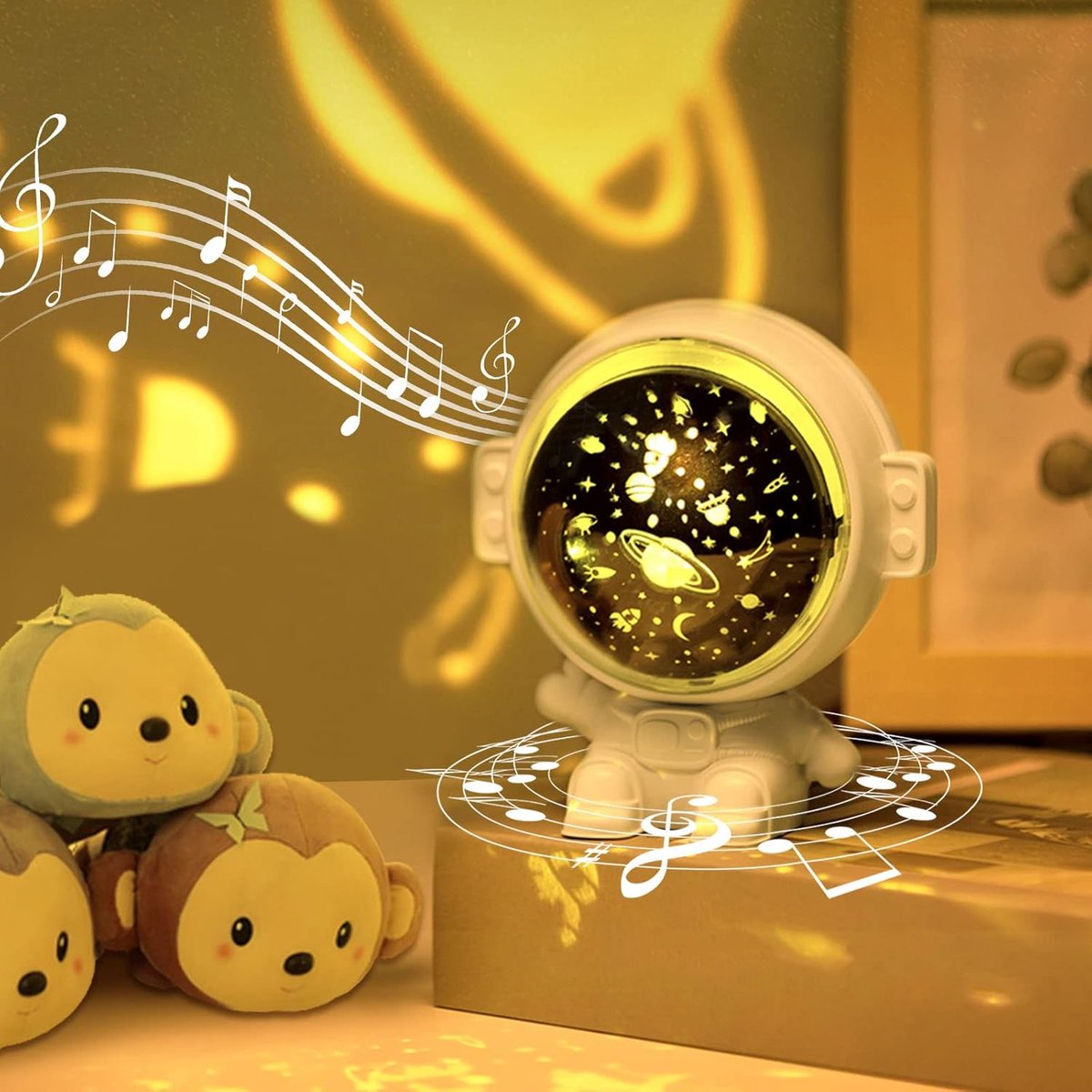 Astronaut Sterrenhemel Projector, 360° Roterend met 8 Muziek Astronaut Projector 3 Projectie Thema's 4 Lichtstanden USB Opladen voor Verjaardagscadeau Kinderkamer Kerst Kamer Decoratie（wit）