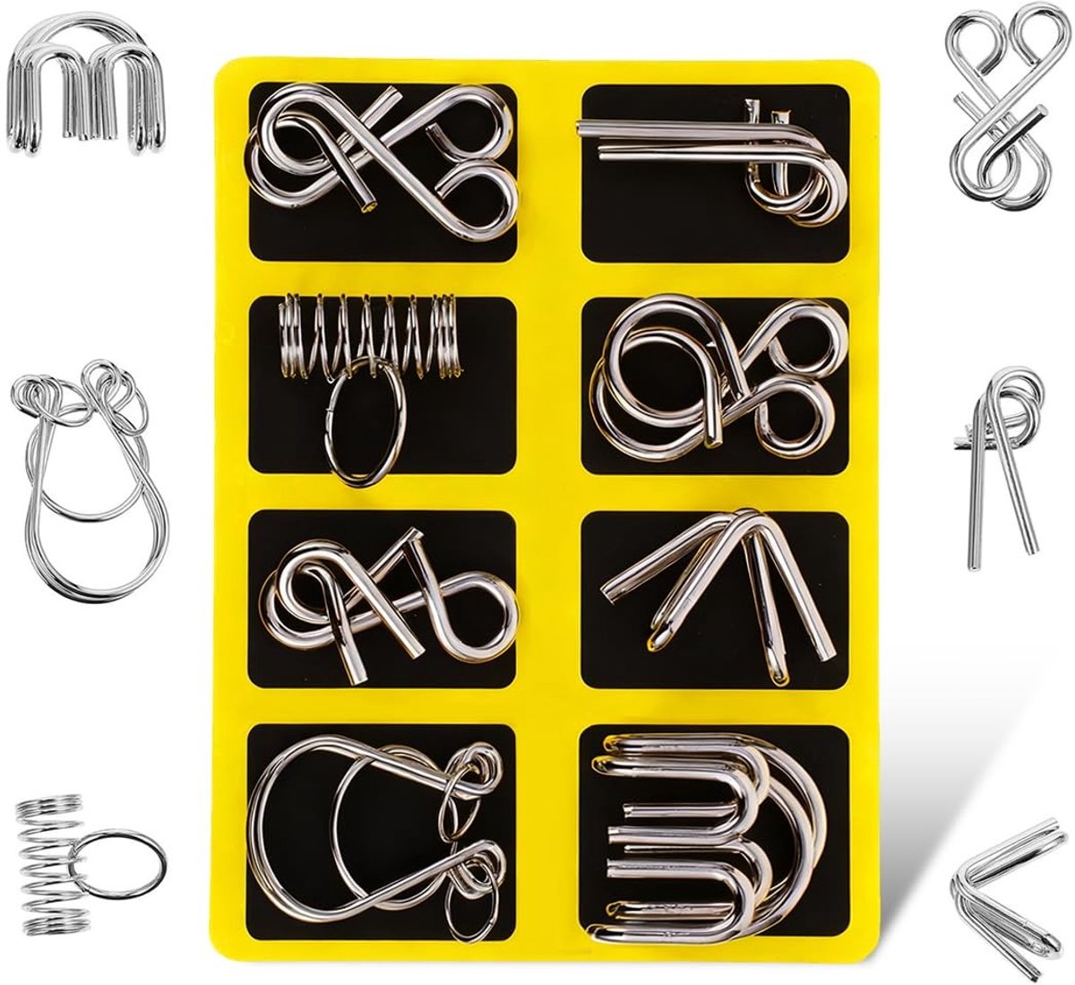 Dailygoods- Puzzelset 8-delig - Metalen Puzzels - Geduldsspellen - Behendigheidsspellen - Voor Volwassenen/Kinderen - Draagbaar en Duurzaam - Puzzel