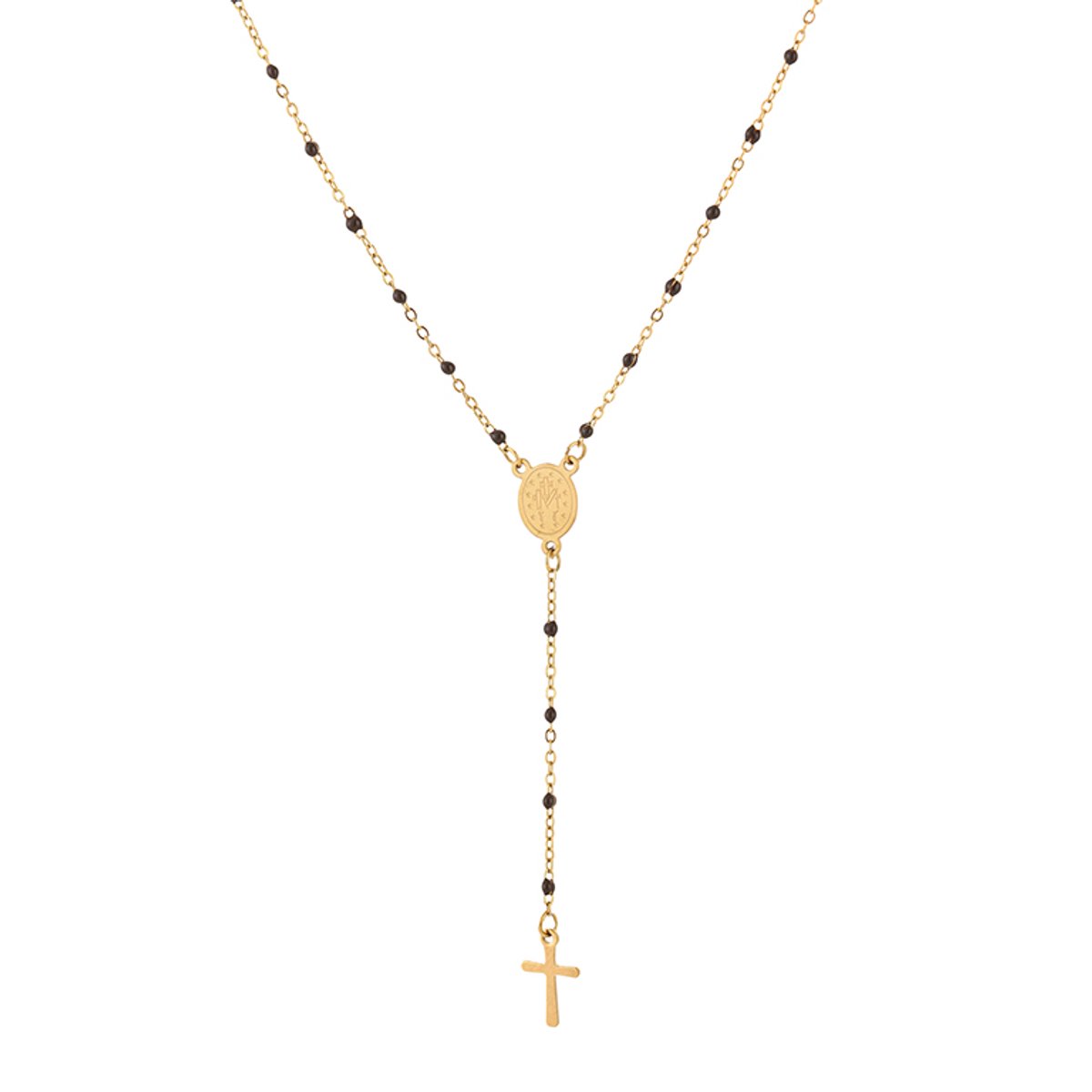 Luxe Rozenkrans Ketting Stainless Steel - Y-Ketting met Kruisje en Bedeltje - Chique Dames Sieraad