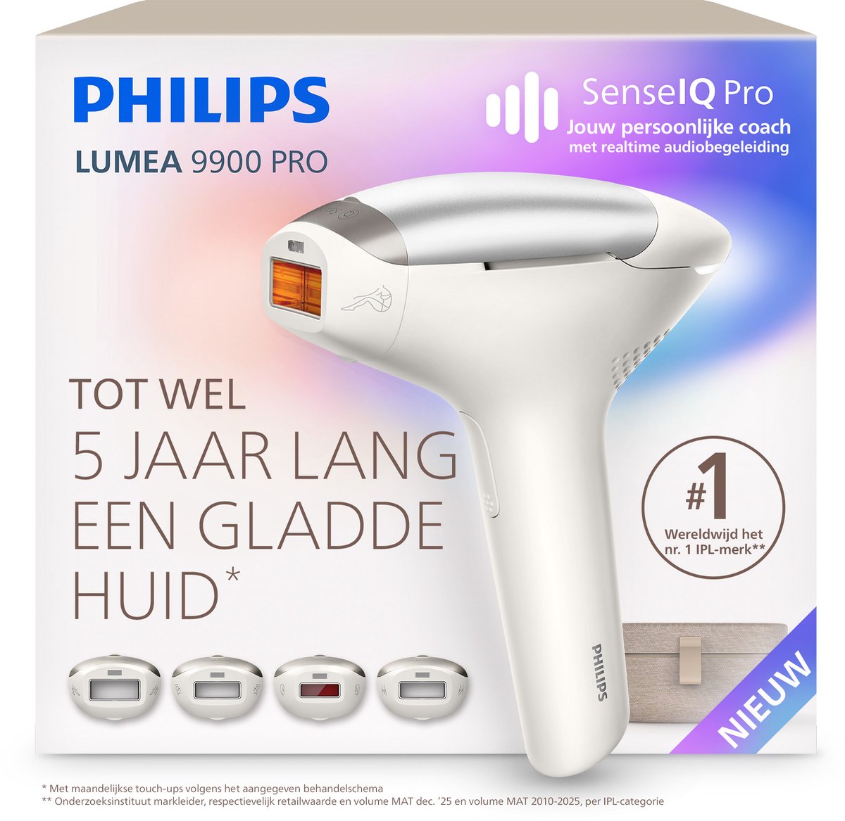 Philips Lumea 9900 Pro IPL Ontharingsapparaat – Tot 5 Jaar Lang een Gladde Huid, Persoonlijke Coach met Realtime Begeleiding en 4 Opzetstukken voor Lichaam, Gezicht, Oksels & Gevoelige Zones, WIT, BRC344/00