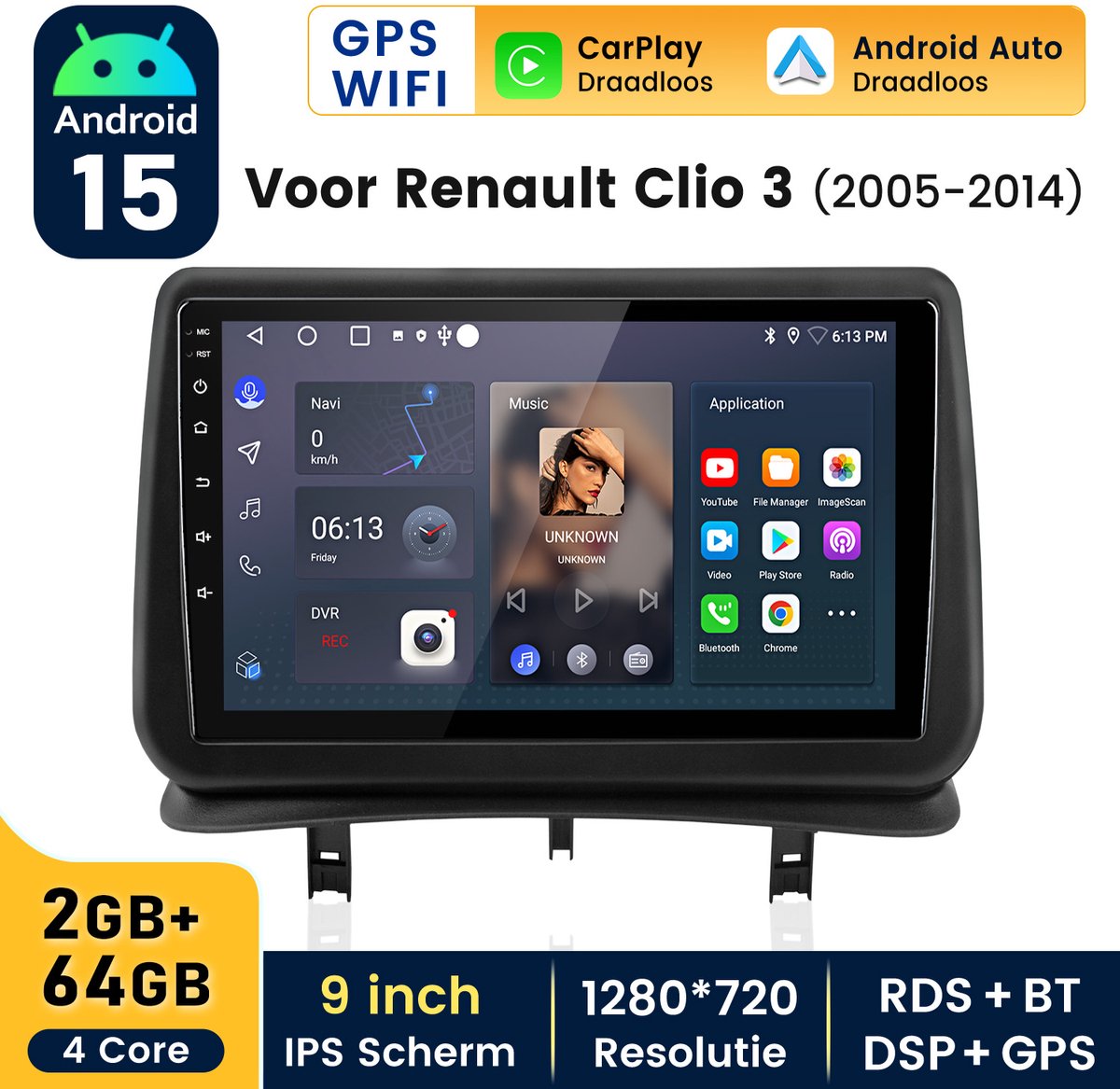 HexinexMarket - Autoradio Geschikt voor Renault Clio 3 (2005-2014) - Draadloos CarPlay, Android Auto, GPS Navi, multimediaspeler - 2GB+64GB