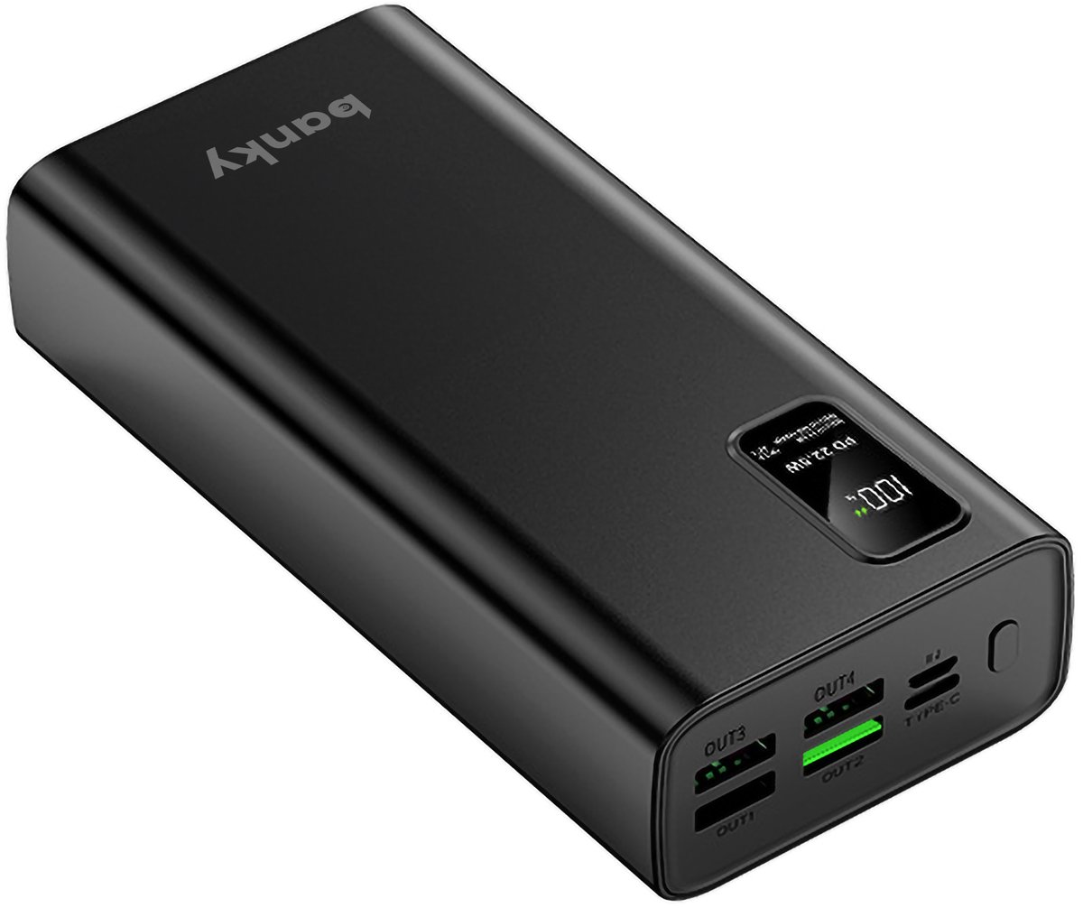 Banky Powerbank 30.000 mAh - 22,5W Snellader - 5 Poorten USB C & USB A - Noodpakket - Zwart