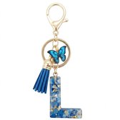 Blauwe letter L sleutelhanger met kwastje en vlinder – sleutelhanger voor dames – goudkleurige metalen keychain met acryl initiaal L hanger, decoratieve bedel en tassel