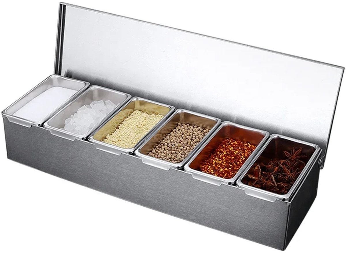 Sello! ingrediëntenbak – ingrediëntencontainer – 6 uitneembare bakjes – 450ml per bakje – roestvrijstaal – 45,5 × 15 × 9 cm