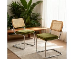 2-stuks Eetkamerstoelen - Gestoffeerde eetkamerstoelen - Fluweel en rotan stoelen - Stoelen - Woninginrichting - Verchroomde poten - 53x46,4x84,6 cm - Geschikt voor eetkamers, keukens, woonkamers en feestzalen - Groen