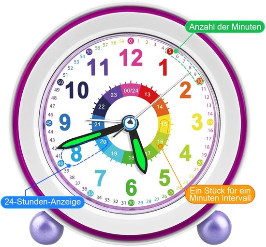 SnelShoppen - Ayybboo Kinderwekker Meisjes Jongens - Stil Analoog Leerwekkertje met Nachtlampje, Snooze-functie, Lavendel - Perfect voor Kinderkamer, van snelshoppen — afbeelding 5