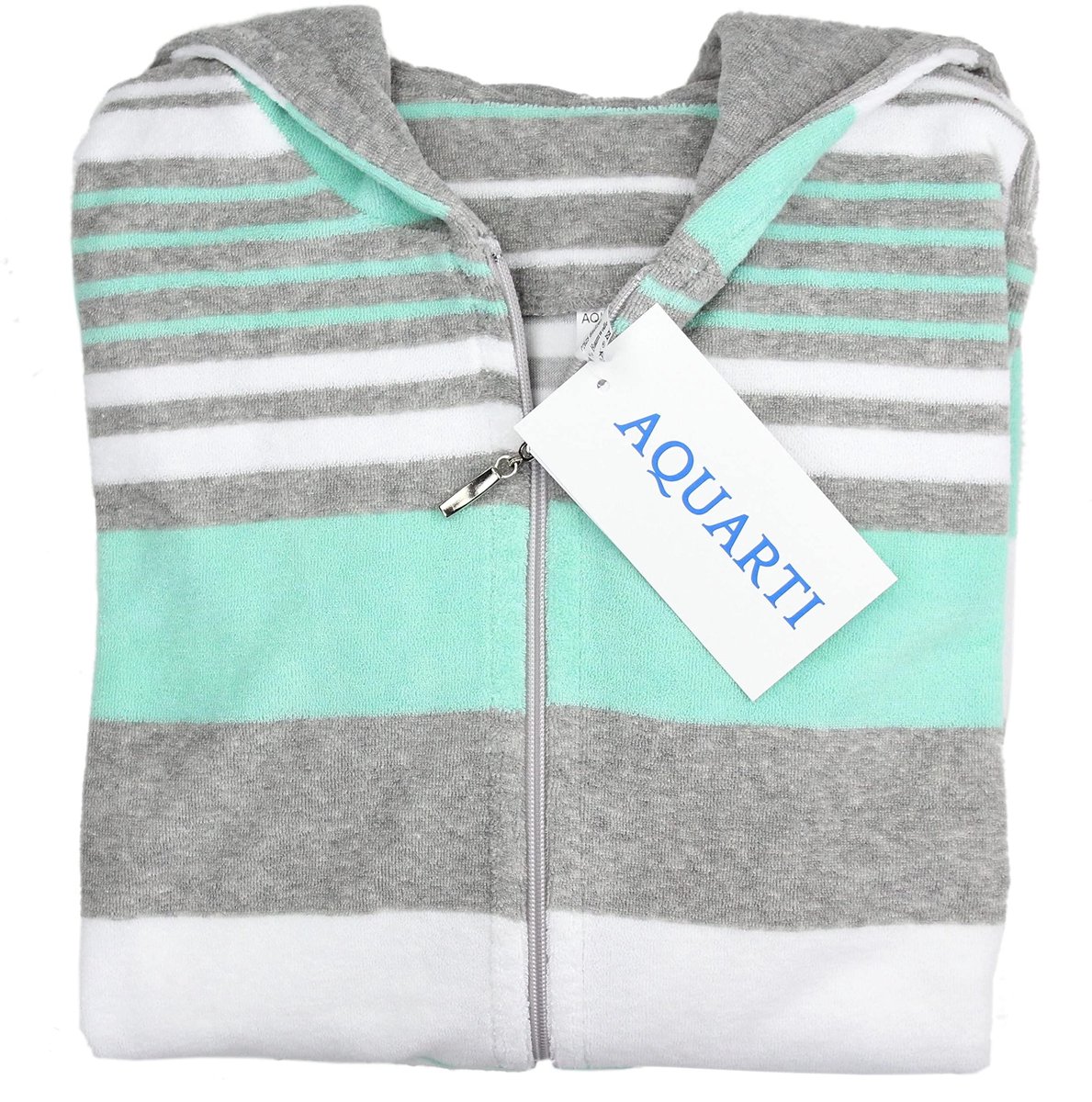 SnelShoppen - Gestreepte Dames Badjas met Capuchon, Munt, M - Comfortabele Badjas van Katoen, Perfect voor Thuis, Zwembad of Wellness