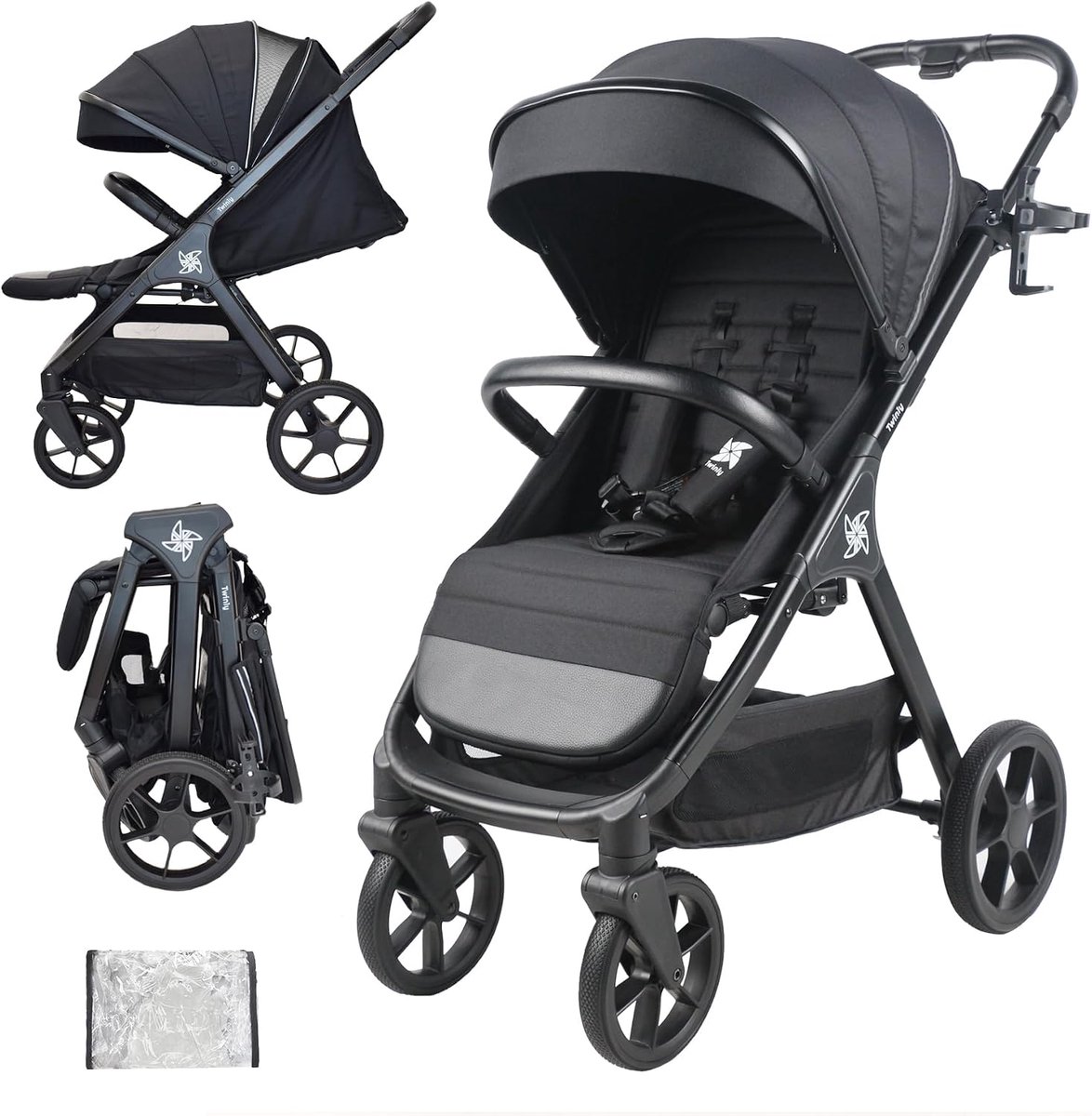 SnelShoppen - Twinly SPACELY Kinderwagen Buggy tot 22 kg - Comfortabele Ruime Zitting - XXL Kap met UPF50+ - Inklapbare Buggy met Regenbescherming - Z