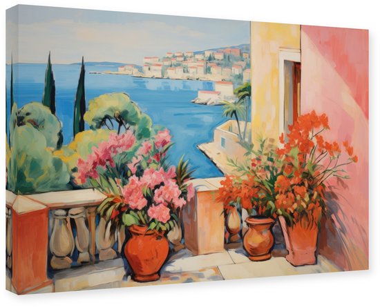 Peinture d'un balcon méditerranéen avec des pots de fleurs en terre cuite, des fleurs roses et oranges, et une vue sur la mer.