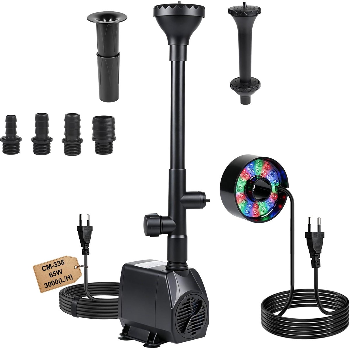 SnelShoppen - Vijverpomp en Fonteinpomp voor Buiten, 3000 l/u Waterpomp met 30 Gekleurde Lampen, 4 Mondstukken, 65 W Aquariumpomp voor Vijver en Zwemb