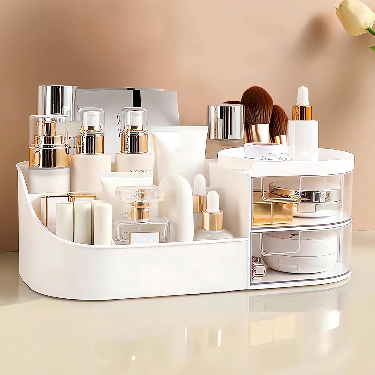 SnelShoppen - Countertop Cosmetic Organizer met Lade, Multifunctionele Make-up Opbergdoos voor Vanity, Slaapkamer en Badkamer, Transparant, Elegant De