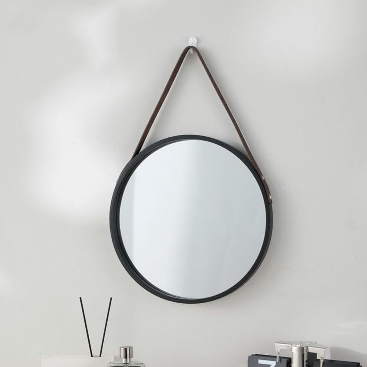 SnelShoppen - Houten Wandspiegel met Riem - Ronde Make-up Spiegel 30CM - Zwart - Wanddecoratie voor Woonkamer, Slaapkamer en Badkamer