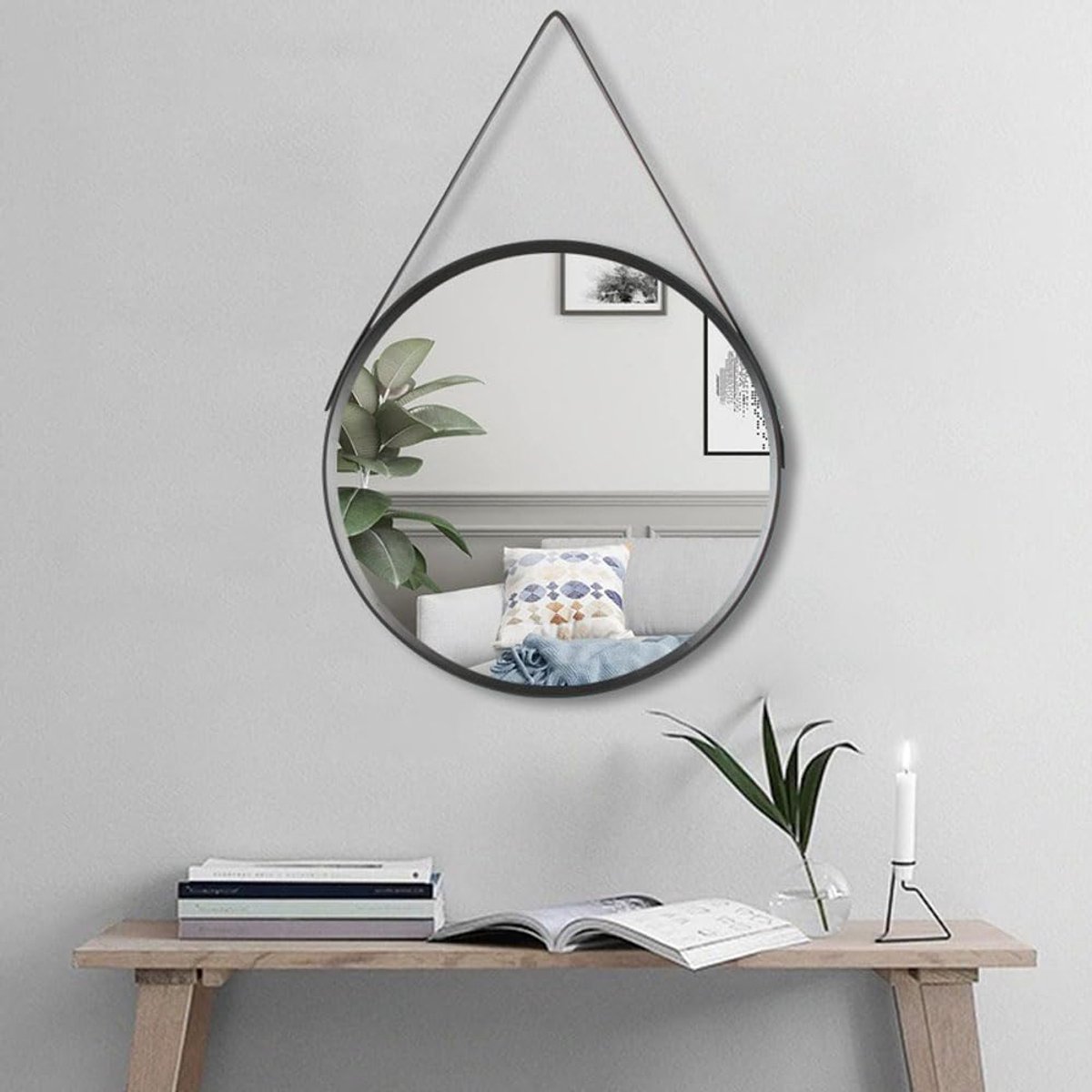 SnelShoppen - Ronde wandspiegel 30 cm met riem - Decoratieve make-upspiegel voor woonkamer, slaapkamer, badkamer - Zwart, stijlvol en functioneel